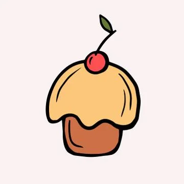 Cupcake with a cherry. Vector color illustration in cartoon style. Doodle sty Stock Illustration