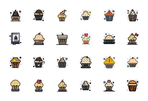 Cupcake Comprehensive Vector Bundle with 24 Pixel Optimized Line Filled Ret.. Illustrazione stock