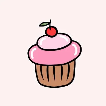 Cupcake with cream and cherry. Vector color sketch in cartoon style. Illustra Stock Illustration