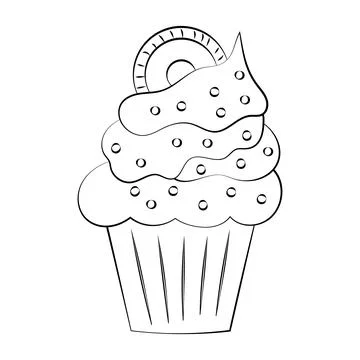 Cupcake with cream and decorations with a thin line. Vector on a white backgr Stock Illustration