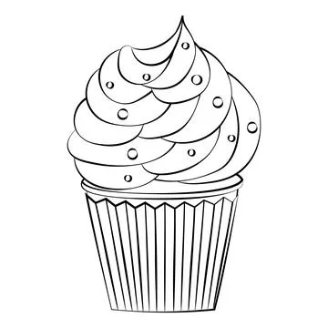 Cupcake with cream and decorations with a thin line. Vector on a white backgr Stock Illustration