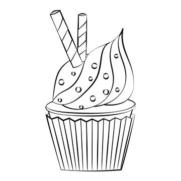 Cupcake with cream and decorations with a thin line. Vector on a white backgr Stock Illustration