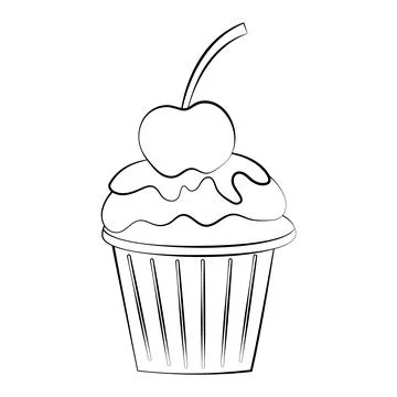 Cupcake with cream and decorations with a thin line. Vector on a white backgr Stock Illustration