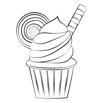 Cupcake with cream and decorations with a thin line. Vector on a white back.. Stock Illustration