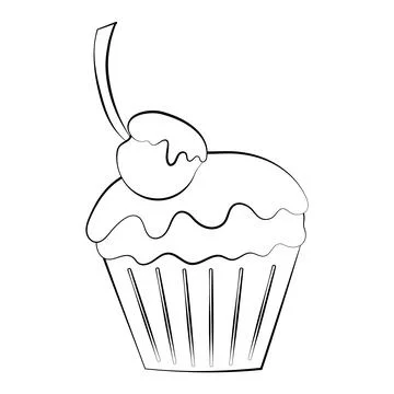 Cupcake with cream and decorations with a thin line. Vector on a white backgr Stock Illustration