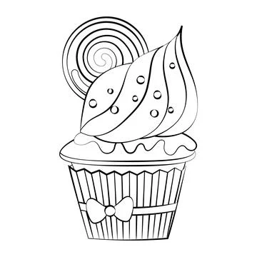 Cupcake with cream and decorations with a thin line. Vector on a white backgr Stock Illustration