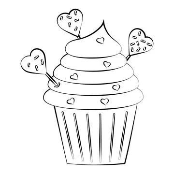 Cupcake with cream and decorations with a thin line. Vector on a white backgr Stock Illustration