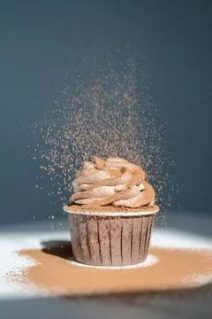 Cupcake on a dark background, which is sprinkled on top. Stock Photos