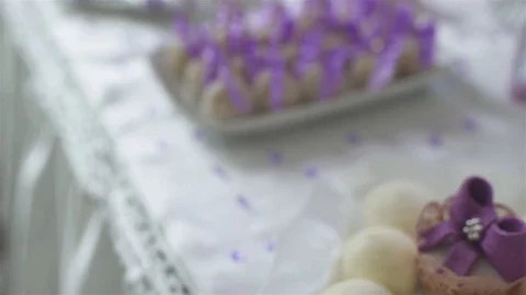 Cupcake. Decor, sweet table. White table with sweets. Wedding cakes and flowers. Stock Footage 76131494