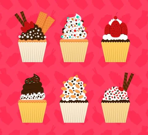 Cupcake Design Illustrations With Various Girly Decorations And Toppings. Swe Stock Illustration