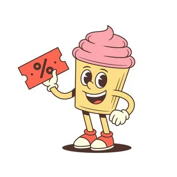 Cupcake With Discount Coupon Retro Comic Cartoon Character Vector Illustratio Stock Illustration