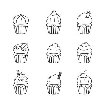 Cupcake doodle line vector illustration Stock Illustration
