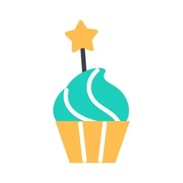 Cupcake flat line icon with candy. Birthday muffin Stock Illustration