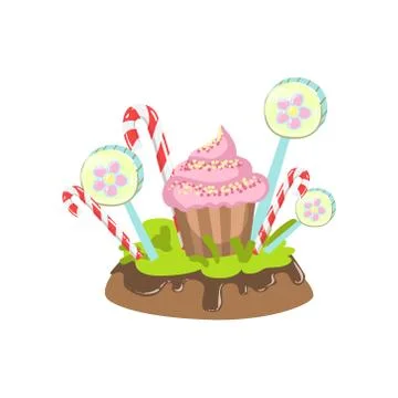 Cupcake, Hard Candy Stick And Lollypop Vegetation Fantasy Candy Land Sweet 스톡 일러스트
