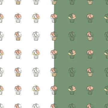 Cupcake icon seamless pattern. Grey brown line contour. Hand drawn paint brush Stock Illustration