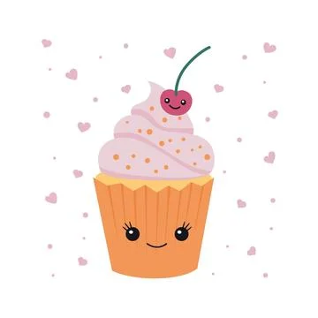 Cupcake illustration. Cute cupcake with a cherry. Cupcake kawaii. Stock Illustration