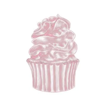 Cupcake illustration, linear hatched pattern on white background isolated shi 스톡 일러스트