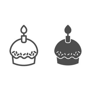 Cupcake line and solid icon. Party holiday or Easter muffin with burning candle 스톡 일러스트