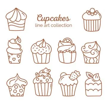 Cupcake line art collection Stock Illustration