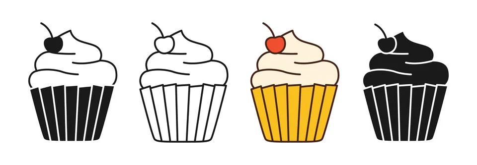 Cupcake linear doodle icon stamp simple contour muffin sign sweet pastries Stock Illustration