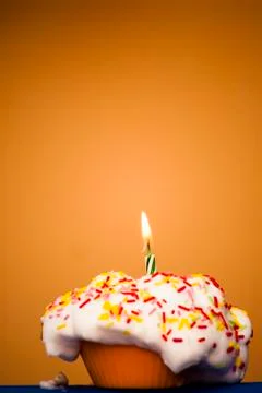 Cupcake with a lit candle Stock Photos