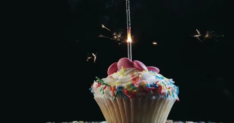 A cupcake with a lit candle on top Stock Footage 309659455