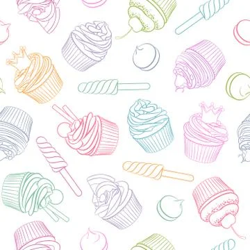Cupcake lollipop marshmallow seamless vector pattern. Stock Illustration