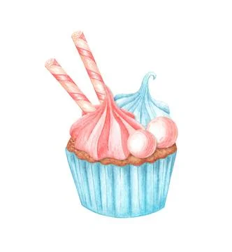 Cupcake with marshmallows candy and wafers Stock Illustration