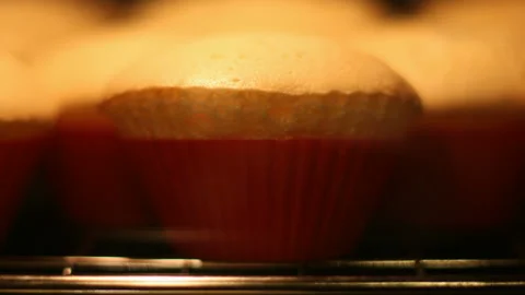 Cupcake muffin baking in oven closeup. Magdeleines baked in time lapse video. Stock Footage 87875228