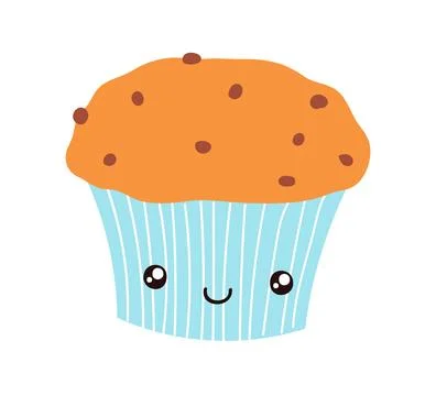 Cupcake, muffin with chocolate chips with cute face illustration isolated. Stock Illustration