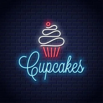 Cupcake neon logo on wall vector background Illustrazione stock