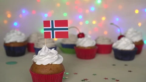 Cupcake with Norway flag. Constitution Day. Patriotic holiday Stock Footage 102490895