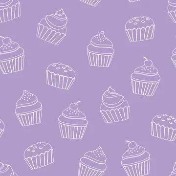 Cupcake outline seamless pattern on purple background vector illustration Stock Illustration