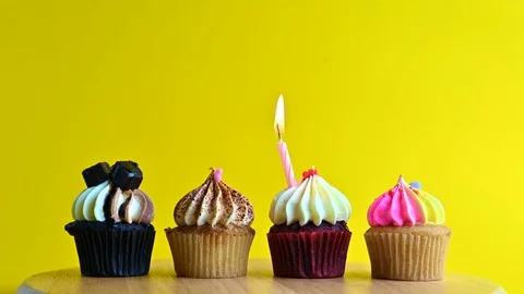 Cupcake party with candle Stock Footage 112107706