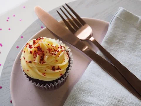 Cupcake, pink, plate, fork, knife, dessert, food, tasty, delicious, napkin Stock Photos