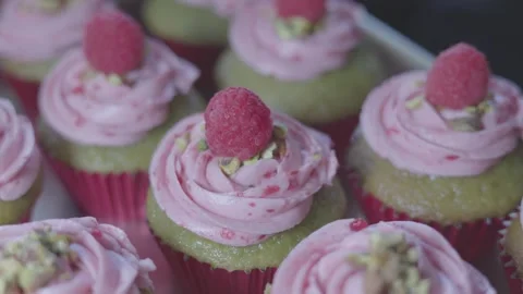 Cupcake - Pistashio with Raspberry Fruit Top Stock Footage 321653291