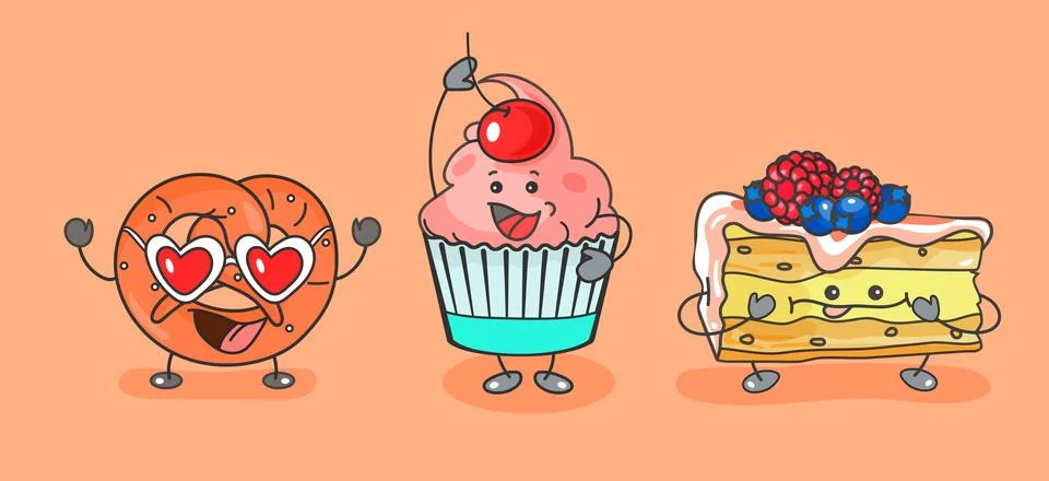 Cupcake, pretzel, piece of cake. Vector flat cartoon color illustration. Stock Illustration