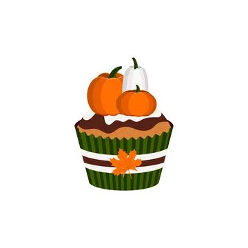 Cupcake with pumpkins chocolate icing and maple leaf holder decoration dessert. Stock Illustration