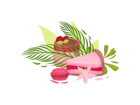 Cupcake with raspberry berries, a slice of cake and cookies in the icing. Vector Illustrazione stock