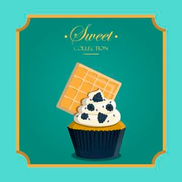 Cupcake in a retro style with a geometric background and retro elements. Vector イラスト素材