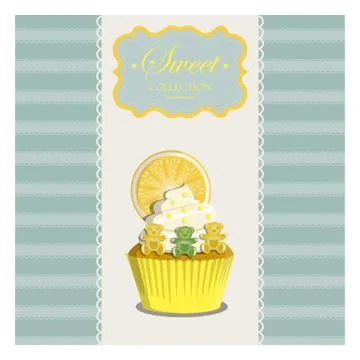 Cupcake in a retro style with a geometric background and retro elements. Vector Illustrazione stock