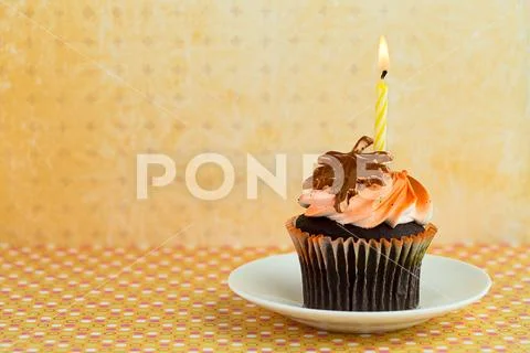 Cupcake on a Saucer with a Candle Stock Photos