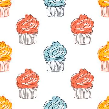 Cupcake. Seamless colorful vector cupcake pattern. Sketch, art illustration Stock Illustration