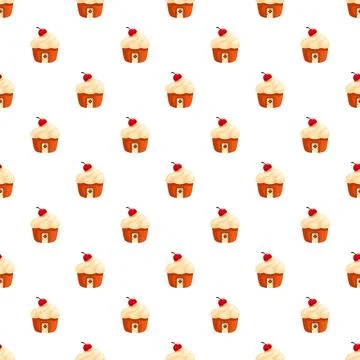 Cupcake seamless pattern with cherry on white background Stock Illustration