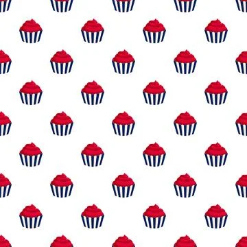 Cupcake seamless pattern with red frosting and blue stripes Illustrazione stock