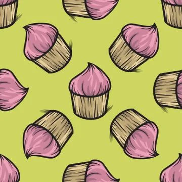 Cupcake seamless pattern vector hand drawn illustration. Stock Illustration
