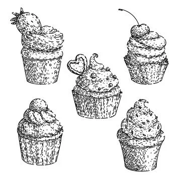 Cupcake set sketch hand drawn vector Stock Illustration