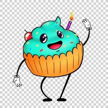 Cupcake is smiling in vector on transparent BG with cherry, sprinkles, striped Stock Illustration