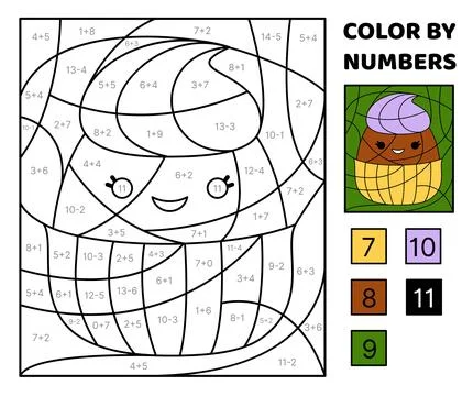 Cupcake. Solve the problem, color the picture. Addition, Subtraction Coloring Stock Illustration
