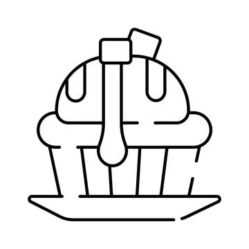 Cupcake with syrup and cherry line art icon Stock Illustration